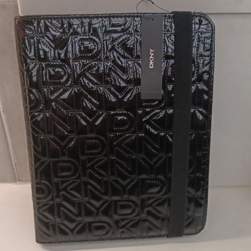 DKNY Black Glossy Monogram Quited Logo Tablet Cover with Elastic Closure New